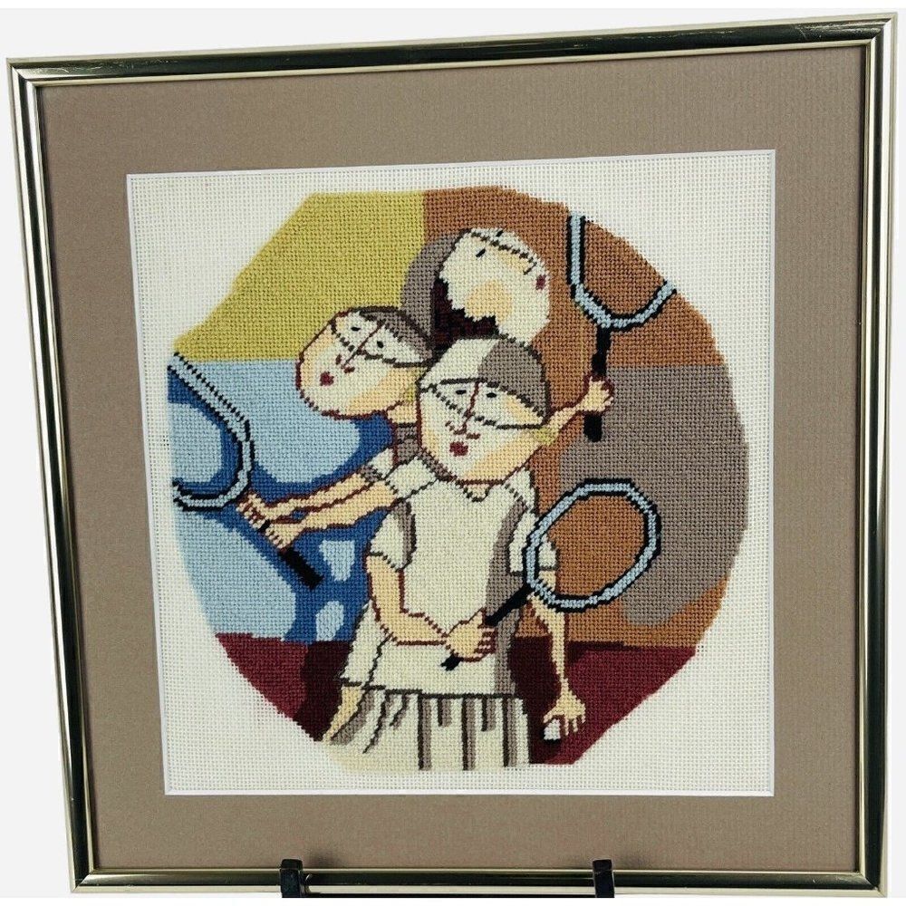 Framed Finished Tennis Badminton Friends Cross Stitch Art 11"x11" Women Rackets